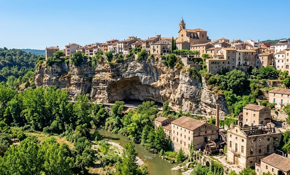 Paisaje de Capellades, el Museu Molí Paperer y el río Anoia